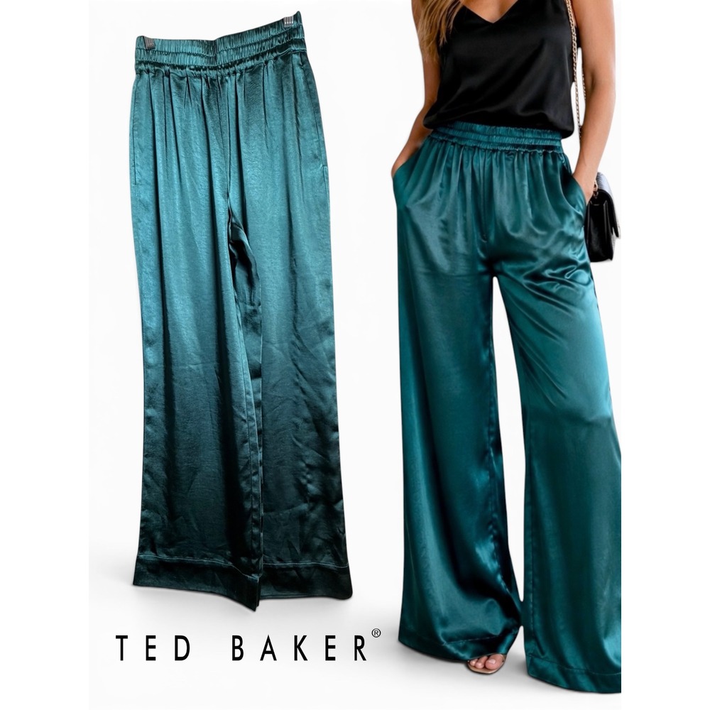 Ted Baker Umelda Emerald Green Satin Wide Leg Palazzo Pants XS 0